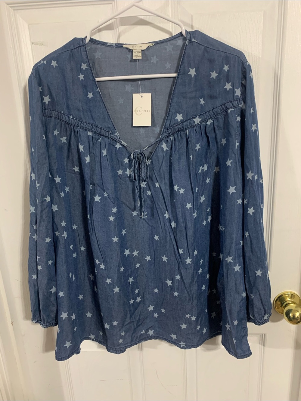 Star-Print Peasant Tunic Top — Blue